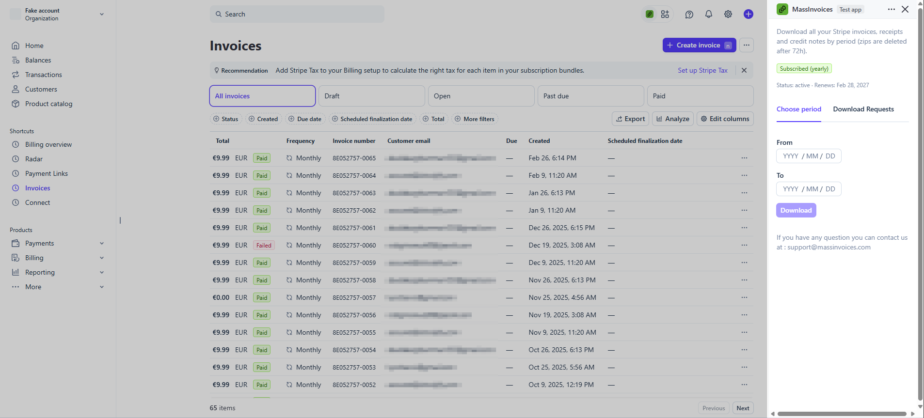 MassInvoices Stripe App — date range selection screen